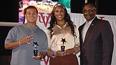 R.J. Rosales, Taniyah Greene and Virginia Union University Vice President for Intercollegiate Athletics and Community Wellness Joe Taylor pose with the Athletic Director Trophy during VUU’s 2025 Athletic Banquet, held April 24 at Hovey Field. Rosales, a quarterback, and Greene, a forward on the women’s basketball team, were honored for athletic and academic excellence.