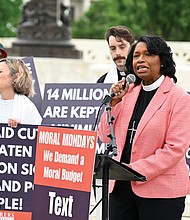The Rev. Leslie Copeland-Tune speaks at a rally near the U.S. Supreme Court on May 5 in Washington.