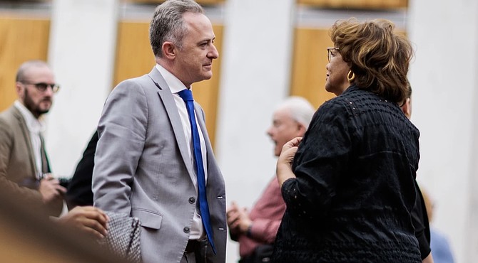 Superintendent Jason Kamras chats with 6th District Councilor Ellen Robertson on Thursday, March 27,  at City Hall.                         photo byShaban Athuman/ VPM News