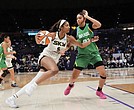 Chicago Sky forward Angel Reese (5) drives to the basket against Brazil forward Manu Alves in the second half of a WNBA exhibition game in Baton Rouge, La.