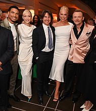 LONDON, ENGLAND - MAY 12: (L to R) Esai Morales, Greg Tarzan Davis, Pom Klementieff, Tom Cruise, Hannah Waddingham, Simon Pegg and Hayley Atwell attend the BFI Chair's dinner where Tom Cruise was awarded a BFI Fellowship at The Rosewood on May 12, 2025 in London, England. ..Photo by Dave Benett
