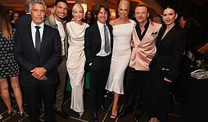 LONDON, ENGLAND - MAY 12: (L to R) Esai Morales, Greg Tarzan Davis, Pom Klementieff, Tom Cruise, Hannah Waddingham, Simon Pegg and Hayley Atwell attend the BFI Chair's dinner where Tom Cruise was awarded a BFI Fellowship at The Rosewood on May 12, 2025 in London, England. ..Photo by Dave Benett