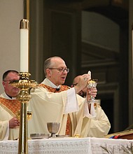 Bishop Barry C. Knestout celebrates Mass at the Cathedral of the Sacred Heart in Richmond on May 9, offering prayers for Pope Leo XIV following the historic election of the first American pontiff.