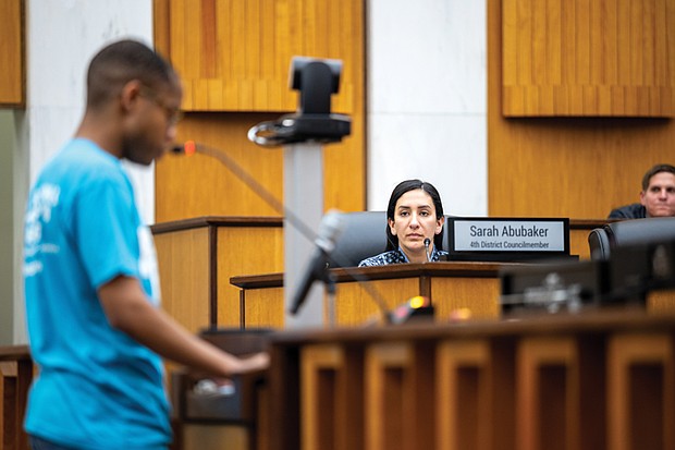 Fourth District Council member Sarah Abubaker follows the discussion during a Richmond City Council meeting March 24 at City Hall.