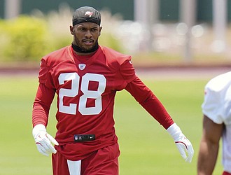 Tampa Bay Buccaneers safety Shilo Sanders works out during the NFL football team’s rookie minicamp May 9 in Tampa, Fla.