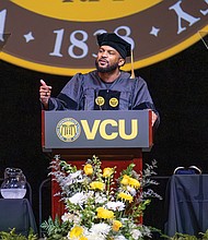 Keynote speaker and South Side Richmond native Everette Taylor addresses graduates during Virginia Commonwealth University’s commencement May 10 at the Greater Richmond Convention Center. Taylor, CEO of Kickstarter, received an honorary doctor of humane Letters.