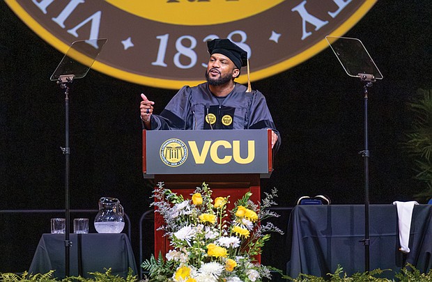 Keynote speaker and South Side Richmond native Everette Taylor addresses graduates during Virginia Commonwealth University’s commencement May 10 at the Greater Richmond Convention Center. Taylor, CEO of Kickstarter, received an honorary doctor of humane Letters.
