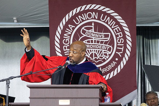 U.S. Sen. Raphael Warnock received an honorary doctor of laws degree and delivered the commencement address during Virginia Union University’s ceremony.