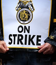 Members of the Brotherhood of Locomotive Engineers and Trainmen BLET Union take part in a strike outside NJ Transit's headquarters on May 16, 2025, in Newark, New Jersey.
Mandatory Credit:	Kena Betancur/Getty Images via CNN Newsource