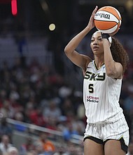 Chicago Sky forward Angel Reese shoots during a WNBA basketball game May 17 against the Indiana Fever in Indianapolis.
