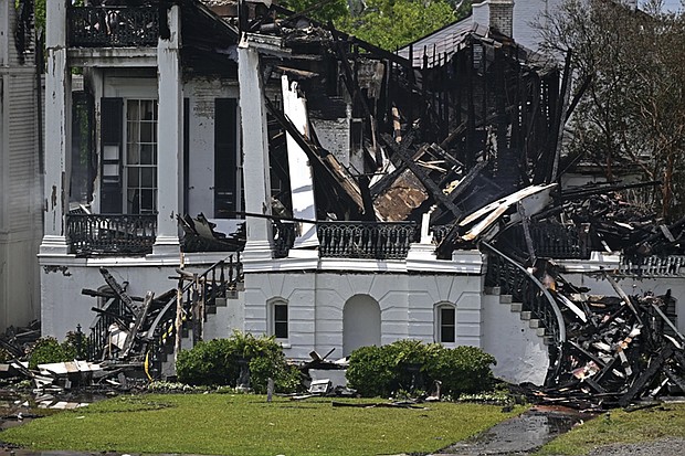 Crews remain on scene after a fire engulfed the historic Nottoway Plantation, Friday, May 16, 2025, in White Castle, La.