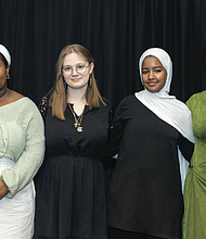 Richmond Public Schools 2025 class valedictorians pose together during an RPS award ceremony for the city’s top students at Virginia Union University Living & Learning Center on Saturday, May 17. They are: Kobe Deguzman, Franklin Military Academy; Taylor Ellis, Richmond Community High School; Shyla Scott, Richmond High School for the Arts; Bryanna LaBelle, John Marshall High School; Fatma Sidi-Elemine, Huguenot High School; Marylord Dansou, Open
High School; Billy Perry, Armstrong High School; Dijon Mckiever, Richmond Virtual Academy.