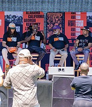 Stephen Miller-Pitts, Cameron Bertrand, Troi L. Hughes, the Rev. Cozy Bailey, James Harris and Andre Watkins participate in the “For Brothers” panel discussion during the State of the People Power Tour at Abner Clay Park on Saturday, May 17.