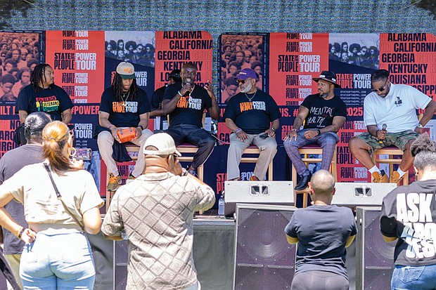 Stephen Miller-Pitts, Cameron Bertrand, Troi L. Hughes, the Rev. Cozy Bailey, James Harris and Andre Watkins participate in the “For Brothers” panel discussion during the State of the People Power Tour at Abner Clay Park on Saturday, May 17.