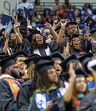 Graduates cheer in celebration during Virginia State University’s 2025 Spring Commencement Ceremony at the VSU Multi-Purpose Center on Saturday, May 17. In total, approximately 650 degrees were conferred across two ceremonies.