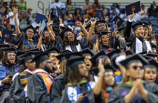 Graduates cheer in celebration during Virginia State University’s 2025 Spring Commencement Ceremony at the VSU Multi-Purpose Center on Saturday, May 17. In total, approximately 650 degrees were conferred across two ceremonies.