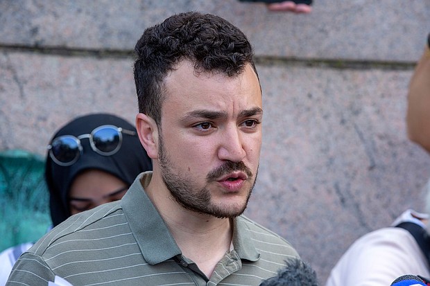 Student negotiator Mahmoud Khalil is seen at a pro-Palestinian protest encampment on the Columbia University campus in New York, April 29, 2024.
Mandatory Credit:	Ted Shaffrey/AP via CNN Newsource