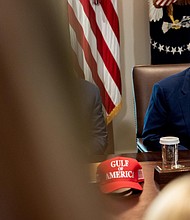 President Donald Trump during a Cabinet meeting at the White House on April 30.
Mandatory Credit:	Ken Cedeno/UPI/Bloomberg/Getty Images via CNN Newsource