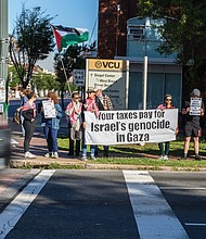 Several Richmond organizations — including Richmond for Palestine, the VCU chapter of Students for Justice in Palestine, and the Virginia Defenders for Freedom, Justice & Equality — gather at the intersection of Broad and Belvidere streets on Friday, May 23, to protest the Israeli ground operation in the Gaza Strip.