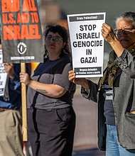 Demonstrators gather at the intersection of Broad and Belvidere streets on Friday, May 23, to protest the ongoing Israeli ground operation in the Gaza Strip.