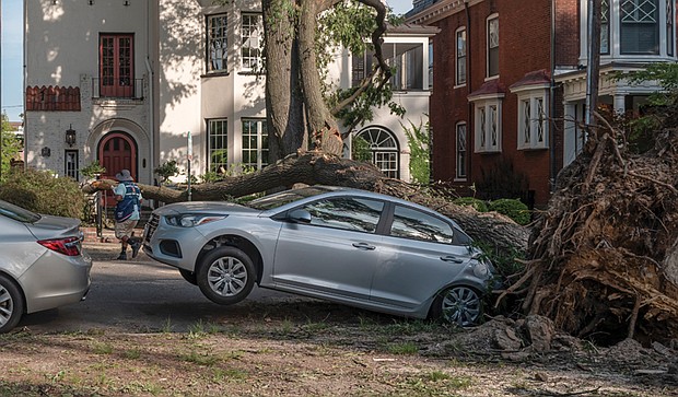 A large tree lies across the 400 block of Allen Avenue near Monument Avenue on May 18 after being brought down by weekend storms. The tree appeared to have missed nearby houses
but crushed a car.