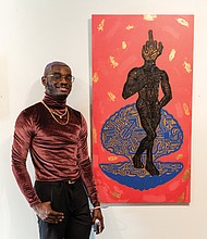Visitors take in the artwork that highlights how the celebration of glamour within the queer experience can serve as a form of resistance. Above left, artist Melchisedek Shabazz stands next to his piece “Beyond the Binary,” featured in the new exhibition “Glamour Is Resistance,” which opened Friday, May 9, 2025, at Artspace in celebration of LGBTQ+ Pride.