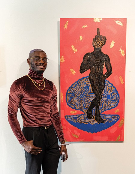Visitors take in the artwork that highlights how the celebration of glamour within the queer experience can serve as a form of resistance. Above left, artist Melchisedek Shabazz stands next to his piece “Beyond the Binary,” featured in the new exhibition “Glamour Is Resistance,” which opened Friday, May 9, 2025, at Artspace in celebration of LGBTQ+ Pride.