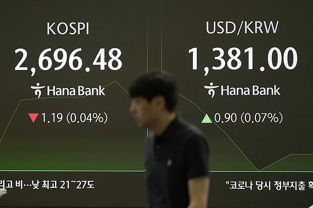 Screens showing South Korea's KOSPI stock index, left, and the foreign exchange rate between the US dollar and South Korean won in Seoul, South Korea on June 2.
Mandatory Credit:	Lee Jin-man/AP via CNN Newsource