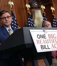 House Speaker Mike Johnson speaks to the media after the House narrowly passed a bill forwarding President Donald Trump's agenda at the US Capitol in May.
Mandatory Credit:	Kevin Dietsch/Getty Images via CNN Newsource