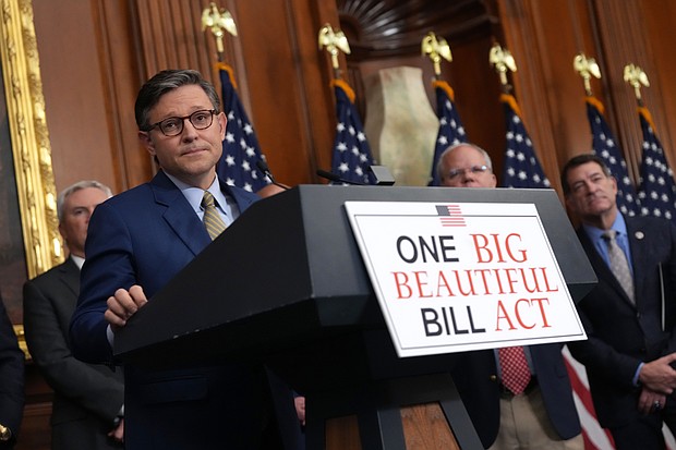 House Speaker Mike Johnson speaks to the media after the House narrowly passed a bill forwarding President Donald Trump's agenda at the US Capitol in May.
Mandatory Credit:	Kevin Dietsch/Getty Images via CNN Newsource