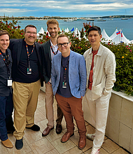 Photo caption: l-r, Members of the production crew and cast attend Cannes Film Festival for screening of Chris Hartwell’s debut film, “Do No Harm,” l-r, Christian Sosa, producer, Joshua Sikora, producer, Chris Hartwell, writer/director, Anthony Parisi, editor, and Harry Shum Jr., lead actor | Photo courtesy: Chris Hartwell