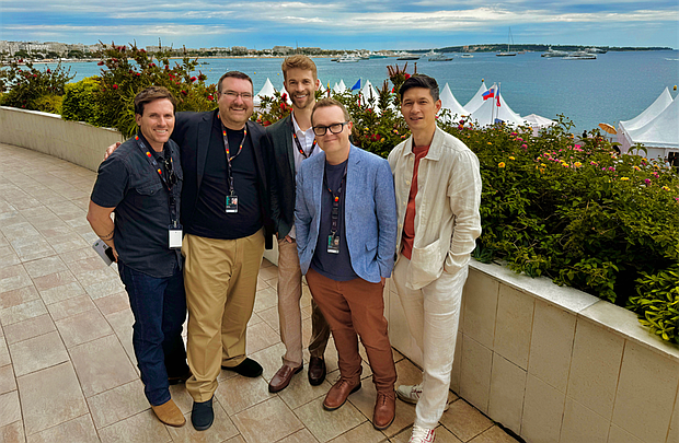 Photo caption: l-r, Members of the production crew and cast attend Cannes Film Festival for screening of Chris Hartwell’s debut film, “Do No Harm,” l-r, Christian Sosa, producer, Joshua Sikora, producer, Chris Hartwell, writer/director, Anthony Parisi, editor, and Harry Shum Jr., lead actor | Photo courtesy: Chris Hartwell