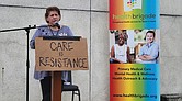 Health Brigade Executive Director Karen Legato speaks at a town hall on May 29 to discuss state and federal funding cuts to Virginia’s network of free clinics.