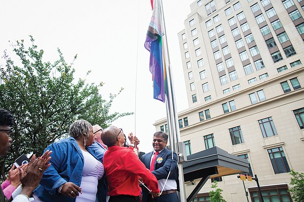 At Richmond’s City Hall on May 30, Mayor Danny Avula joins leaders of LGBTQ+ organizations to raise the Progress Pride Flag ahead of National LGBTQ+ Pride Month.