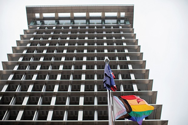 The Progress Pride Flag flies outside City Hall in recognition of National LGBTQ+ Pride Month. The flag’s design includes the traditional rainbow along with black, brown, pink, light blue and white stripes to honor LGBTQ+ people of color and the transgender community.