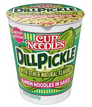 Cup Noodles has created a dill pickle flavor, part of the company's plans to capitalize on the growing trend.
Mandatory Credit:	Nissin Foods USA via CNN Newsource