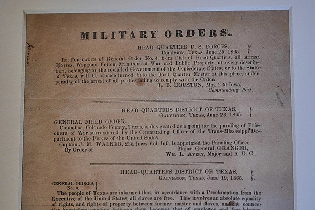 A view of a section of the 1865 Juneteenth General Order No. 3 that is displayed by the Dallas Historical Society at the Fair Park Hall of State in Dallas.