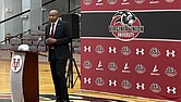 Alico Dunk speaks during his June 13 press conference after being named Virginia Union University's 10th women's basketball coach. Dunk comes to VUU after eight successful seasons at Stillman College, where he compiled 112 wins.  (photo Mekhi Wilson)