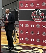 Alico Dunk speaks during his June 13 press conference after being named Virginia Union University's 10th women's basketball coach. Dunk comes to VUU after eight successful seasons at Stillman College, where he compiled 112 wins.  (photo Mekhi Wilson)