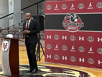 Alico Dunk speaks during his June 13 press conference after being named Virginia Union University's 10th women's basketball coach. Dunk comes to VUU after eight successful seasons at Stillman College, where he compiled 112 wins.  (photo Mekhi Wilson)