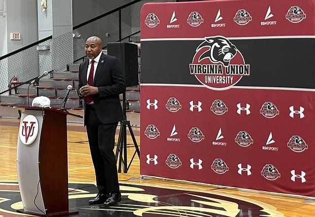 Alico Dunk speaks during his June 13 press conference after being named Virginia Union University's 10th women's basketball coach. Dunk comes to VUU after eight successful seasons at Stillman College, where he compiled 112 wins.  (photo Mekhi Wilson)