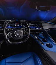 Santorini Blue interior on 2026 Chevrolet Corvette ZRX1. Preproduction model shown, actual production model may vary.