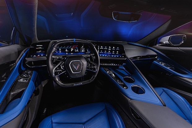 Santorini Blue interior on 2026 Chevrolet Corvette ZRX1. Preproduction model shown, actual production model may vary.