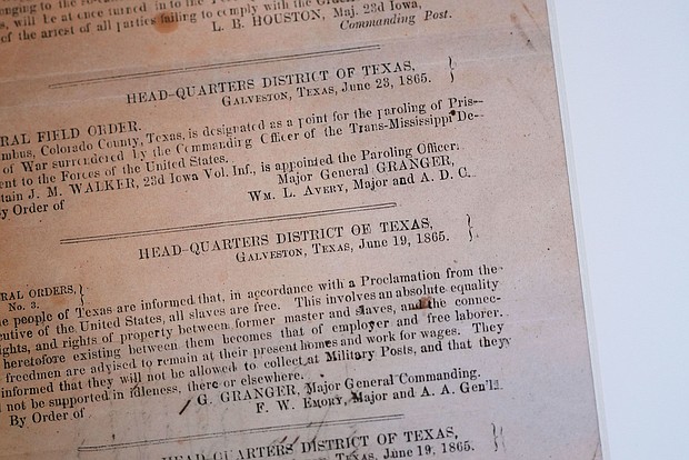 A view of a section of the 1865 Juneteenth General Order No. 3 that is displayed by the Dallas Historical Society at the Fair Park Hall of State in Dallas, Friday, June 6, 2025.
Mandatory Credit:	LM Otero/AP via CNN Newsource