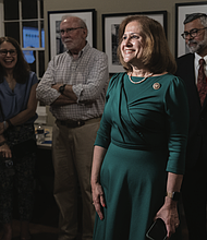 State Sen. Ghazala Hashmi arrives at her primary election night event in Richmond’s Fan District, where supporters await results in the race for the Democratic nomination for Virginia lieutenant governor.