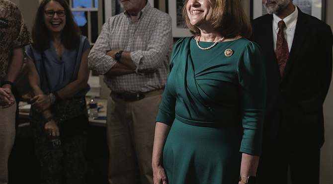 State Sen. Ghazala Hashmi arrives at her primary election night event in Richmond’s Fan District, where supporters await results in the race for the Democratic nomination for Virginia lieutenant governor.