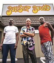 Jamal “Sly” Nubi, Cornelius “Neal” Cade and Harry “Cupcake” Coleman of Edge of Daybreak stand outside Sunset Sound studio in Los Angeles, where they recorded their new EP, “New Horizon.”