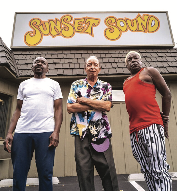 Jamal “Sly” Nubi, Cornelius “Neal” Cade and Harry “Cupcake” Coleman of Edge of Daybreak stand outside Sunset Sound studio in Los Angeles, where they recorded their new EP, “New Horizon.”