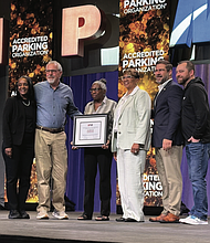 From left, Yvette Neville, SP Plus; Steve Bergin, City of Richmond; Lynne Lancaster, City of Richmond; Gail Johnson, City of Richmond; Justin Rodgers, SP Plus; and Brett Munkel, SP Plus, receive the Accredited Parking Organization with Distinction award at the annual International Parking & Mobility Institute meeting in Louisville, Ky.