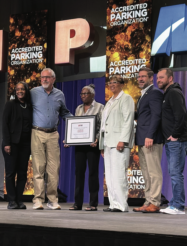 From left, Yvette Neville, SP Plus; Steve Bergin, City of Richmond; Lynne Lancaster, City of Richmond; Gail Johnson, City of Richmond; Justin Rodgers, SP Plus; and Brett Munkel, SP Plus, receive the Accredited Parking Organization with Distinction award at the annual International Parking & Mobility Institute meeting in Louisville, Ky.
